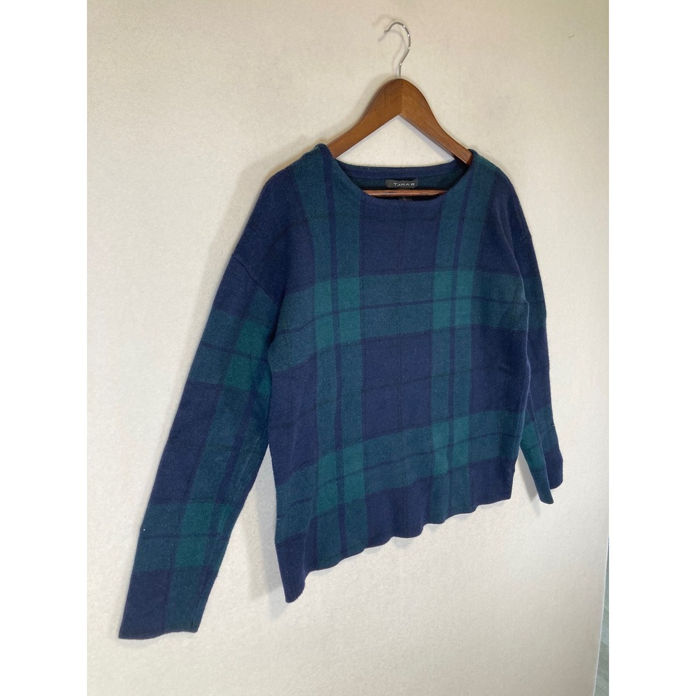 Dark Academia Tahari Womens Large Navy Green Plaid Boat Neck Knit Sweater‎ - Picture 9 of 9
